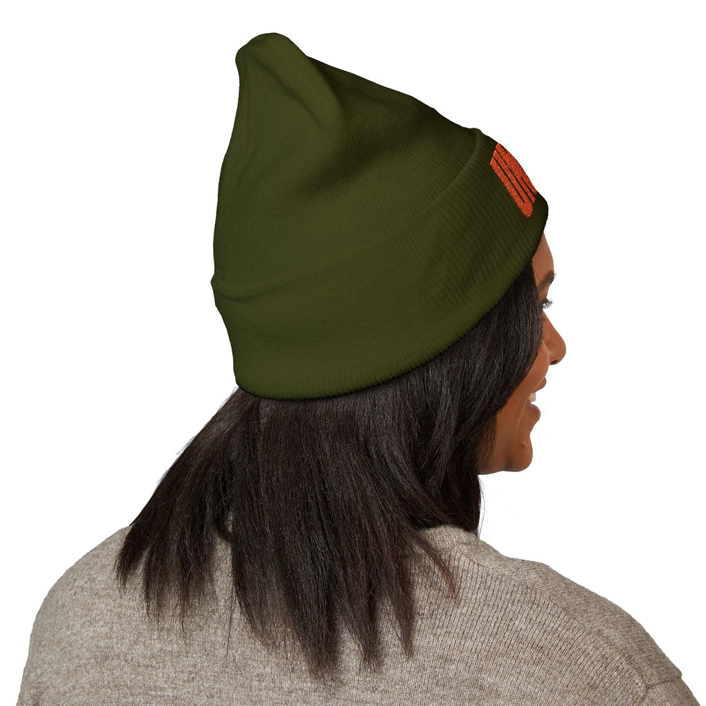 UNVOW Embroidered Cuffed Beanie — Olive Knit Winter Hat