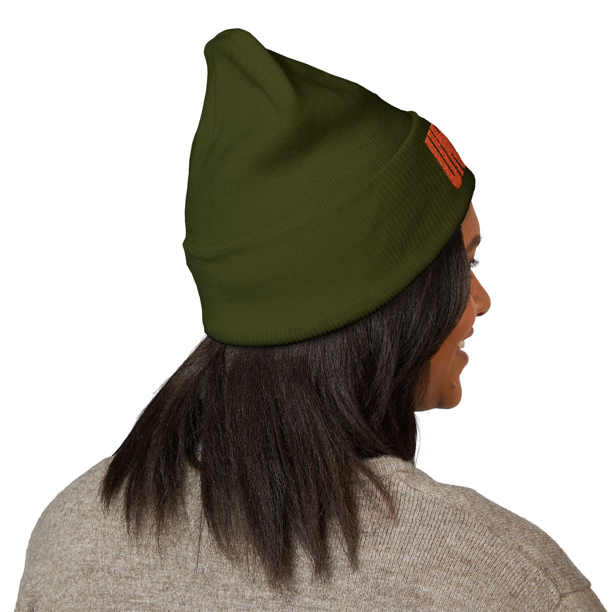 UNVOW Embroidered Cuffed Beanie — Olive Knit Winter Hat