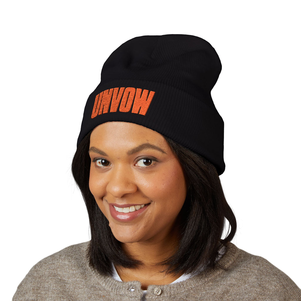 UNVOW Embroidered Cuffed Beanie — Olive Knit Winter Hat