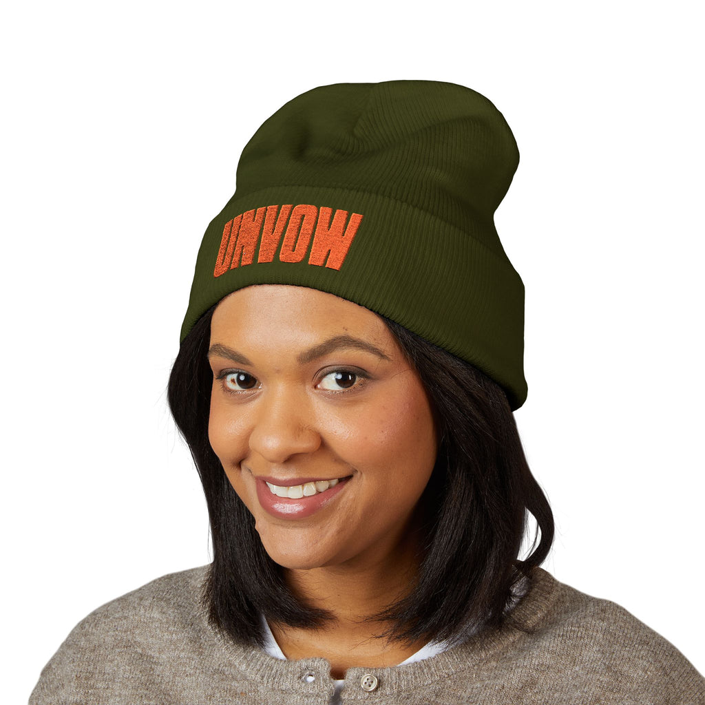UNVOW Embroidered Cuffed Beanie — Olive Knit Winter Hat