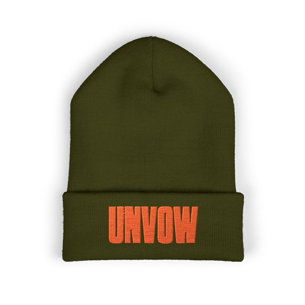 UNVOW Embroidered Cuffed Beanie — Olive Knit Winter Hat
