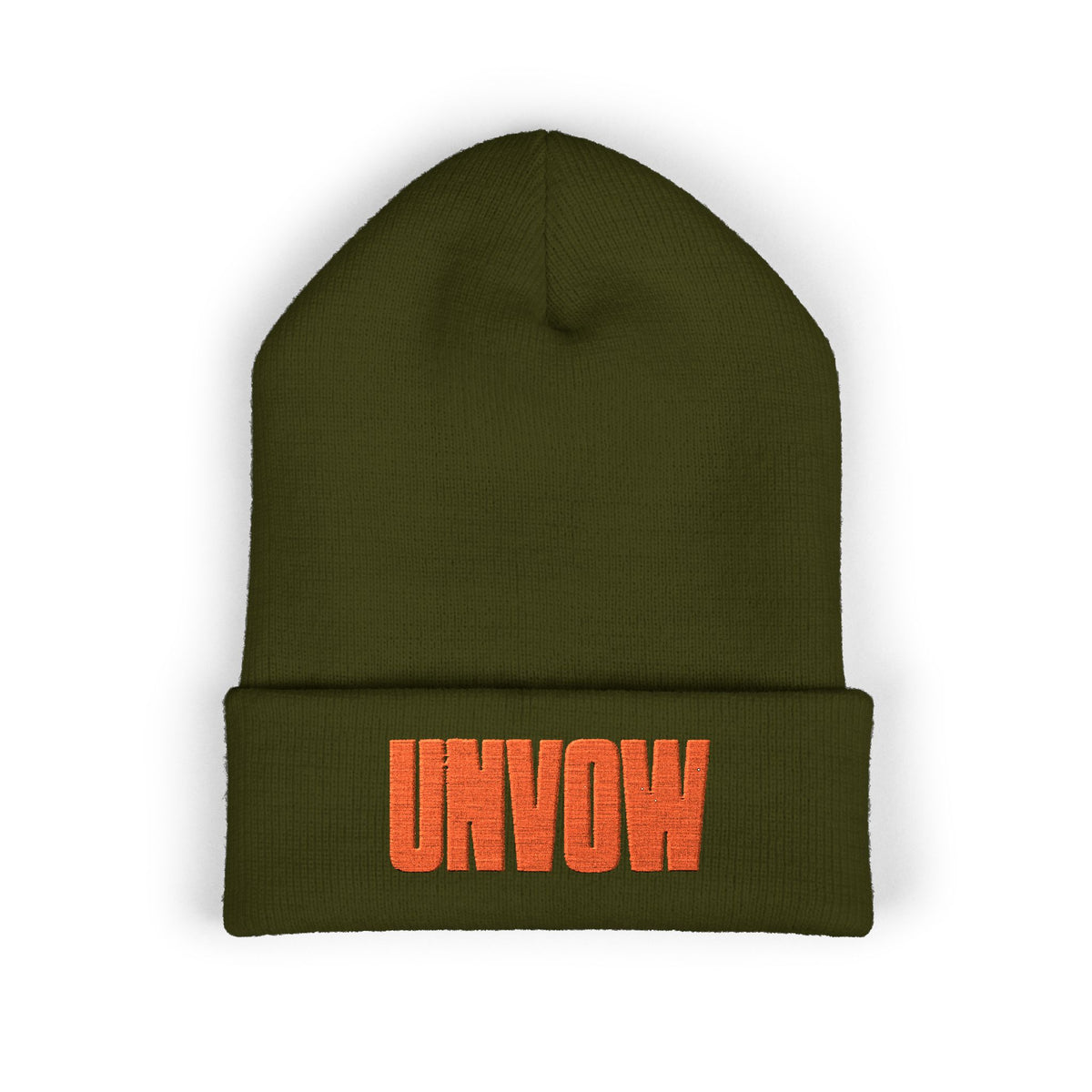UNVOW Embroidered Cuffed Beanie — Olive Knit Winter Hat